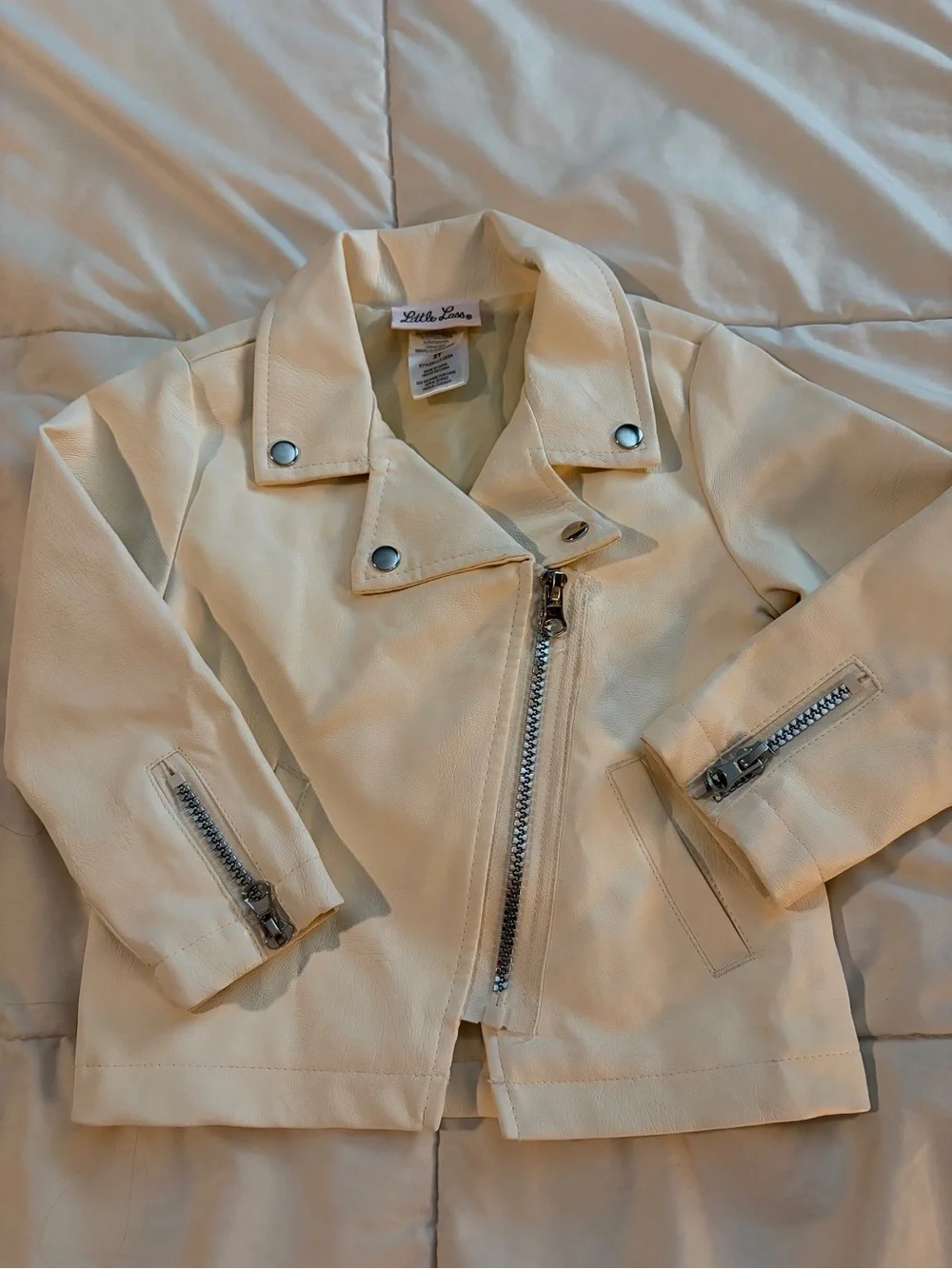 Little Lass Cream Faux Leather Moto Jacket with Silver Hardware